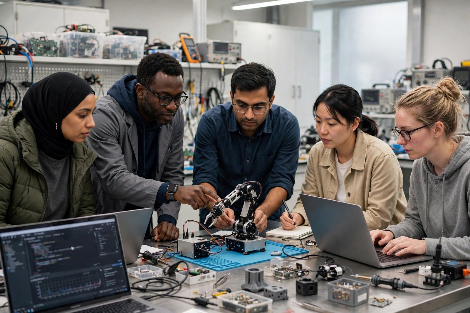 International artificial intelligence researchers working with robotics and laptops in a university laboratory