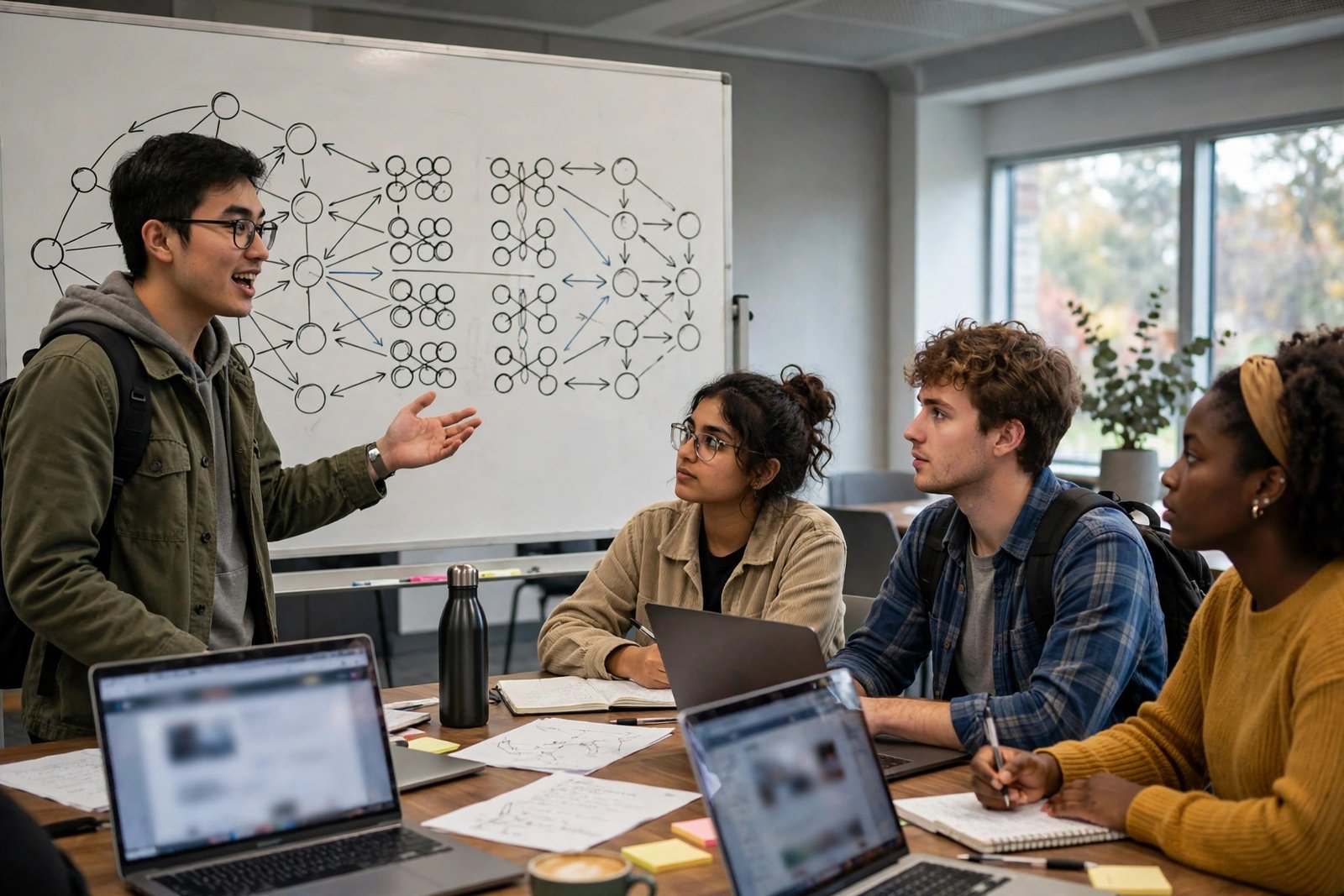 Graduate student presenting artificial intelligence research to fellow students in a seminar room