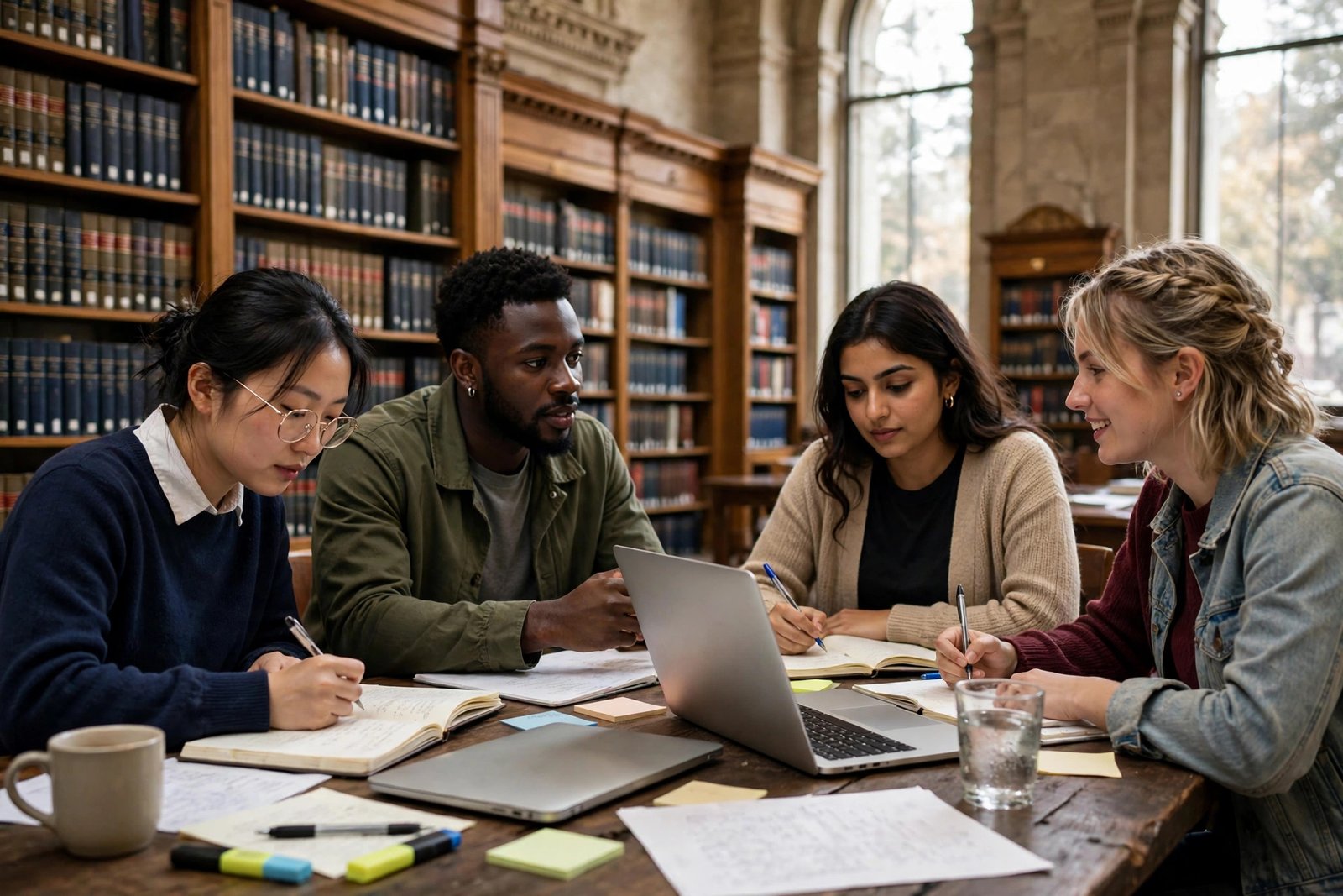 International law students studying together in a university law library while preparing LLM scholarship applications