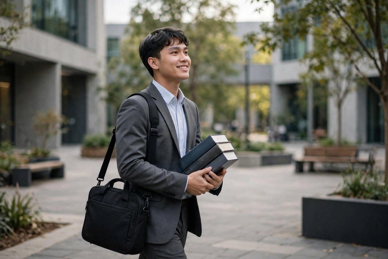 Law graduate walking across a university courtyard with legal textbooks after receiving scholarship funding