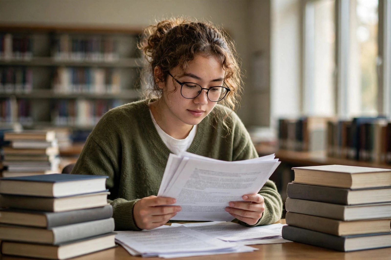 Psychology graduate student reading research papers in a calm university library