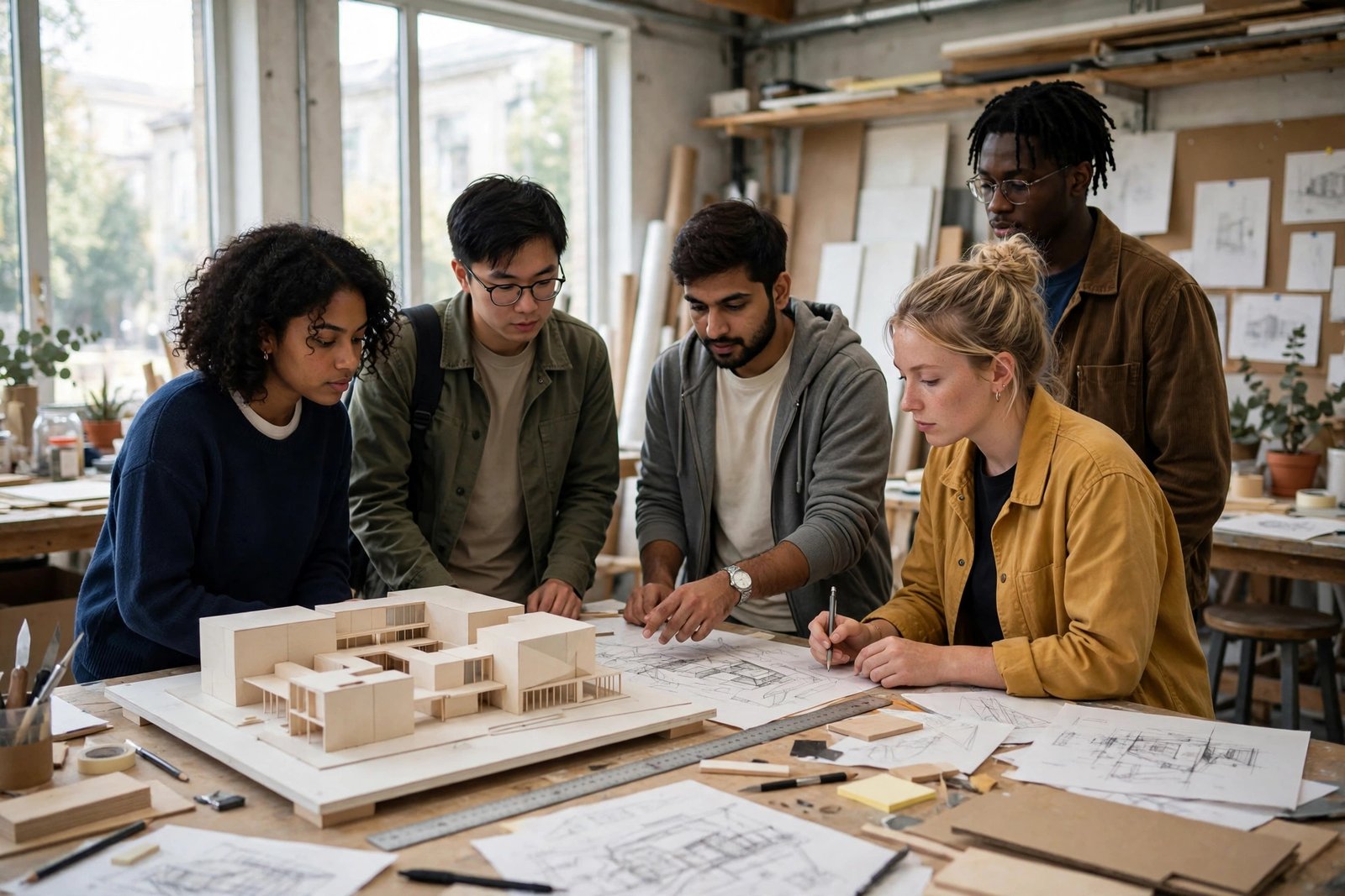 International architecture students reviewing a building model in a university design studio — architecture scholarships for international students