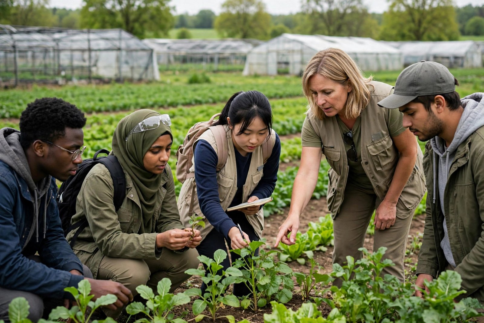 International agriculture students examining crops in a research field — agriculture scholarships for international students