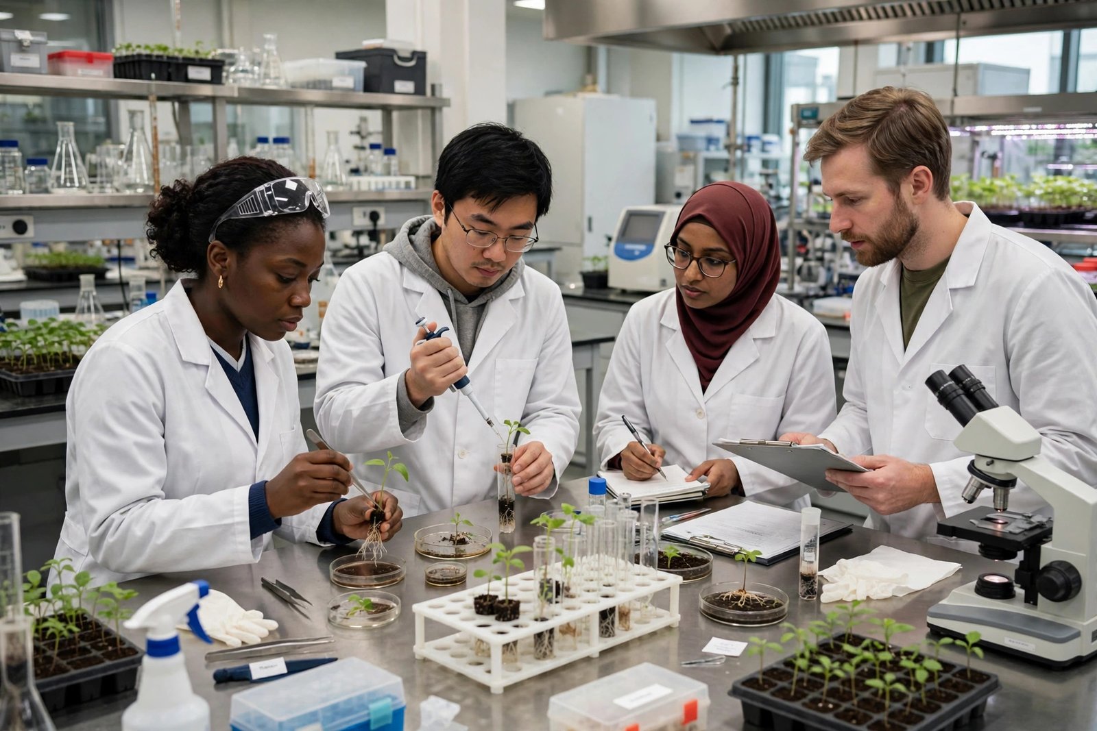 Postgraduate agriculture researchers analysing plant samples in a university laboratory — funded agriculture research degrees