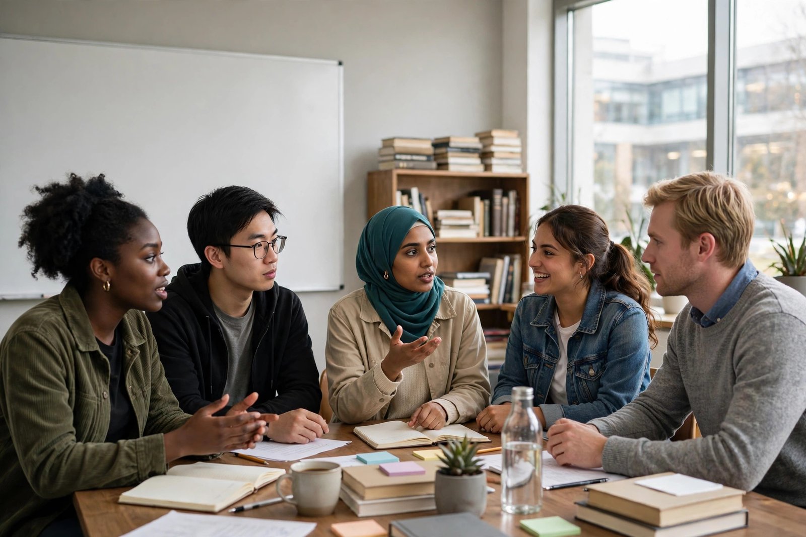 International education students discussing teaching methods in a university seminar — master's in education scholarships