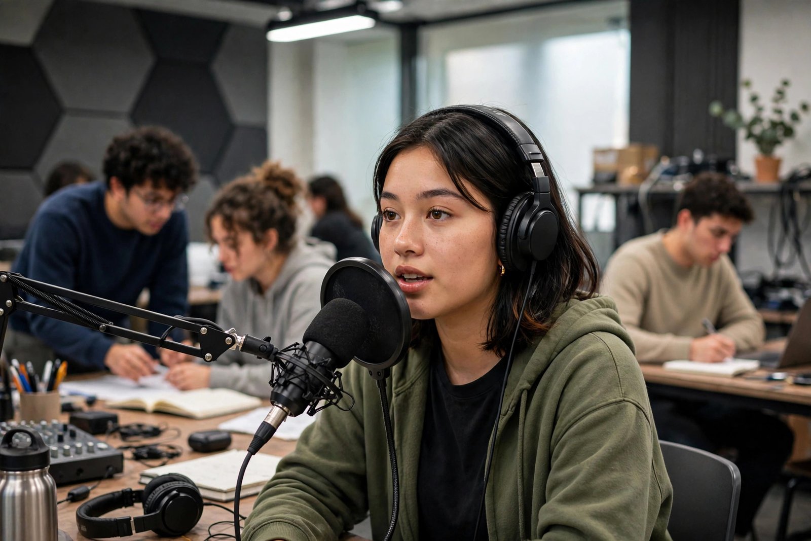Media student recording a podcast in a university media laboratory