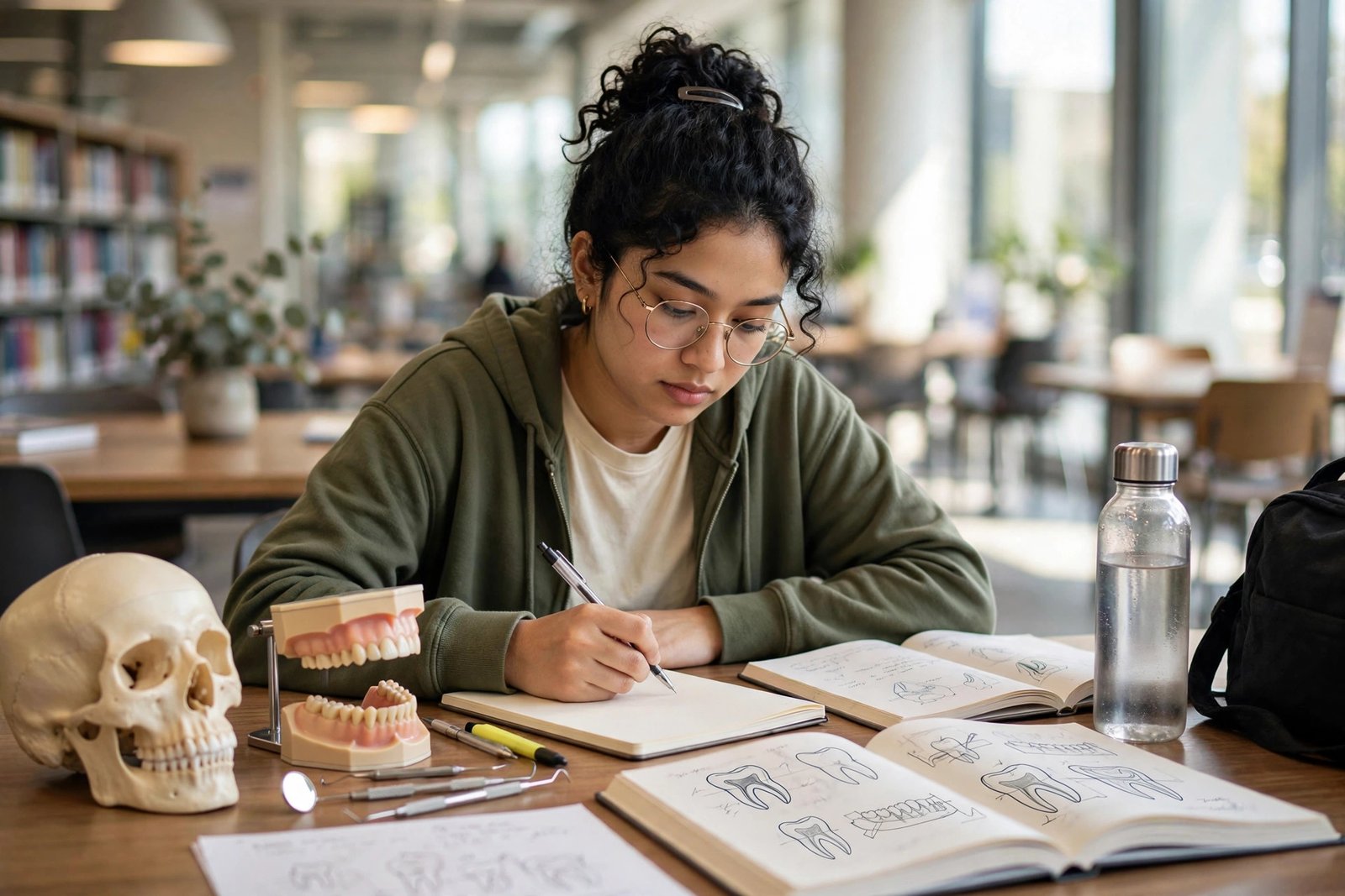 Dentistry student studying dental anatomy in a university library