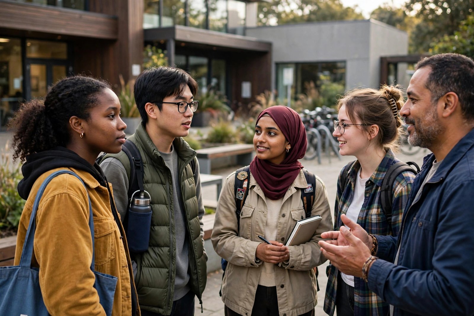 International social work students discussing community support work with a practitioner