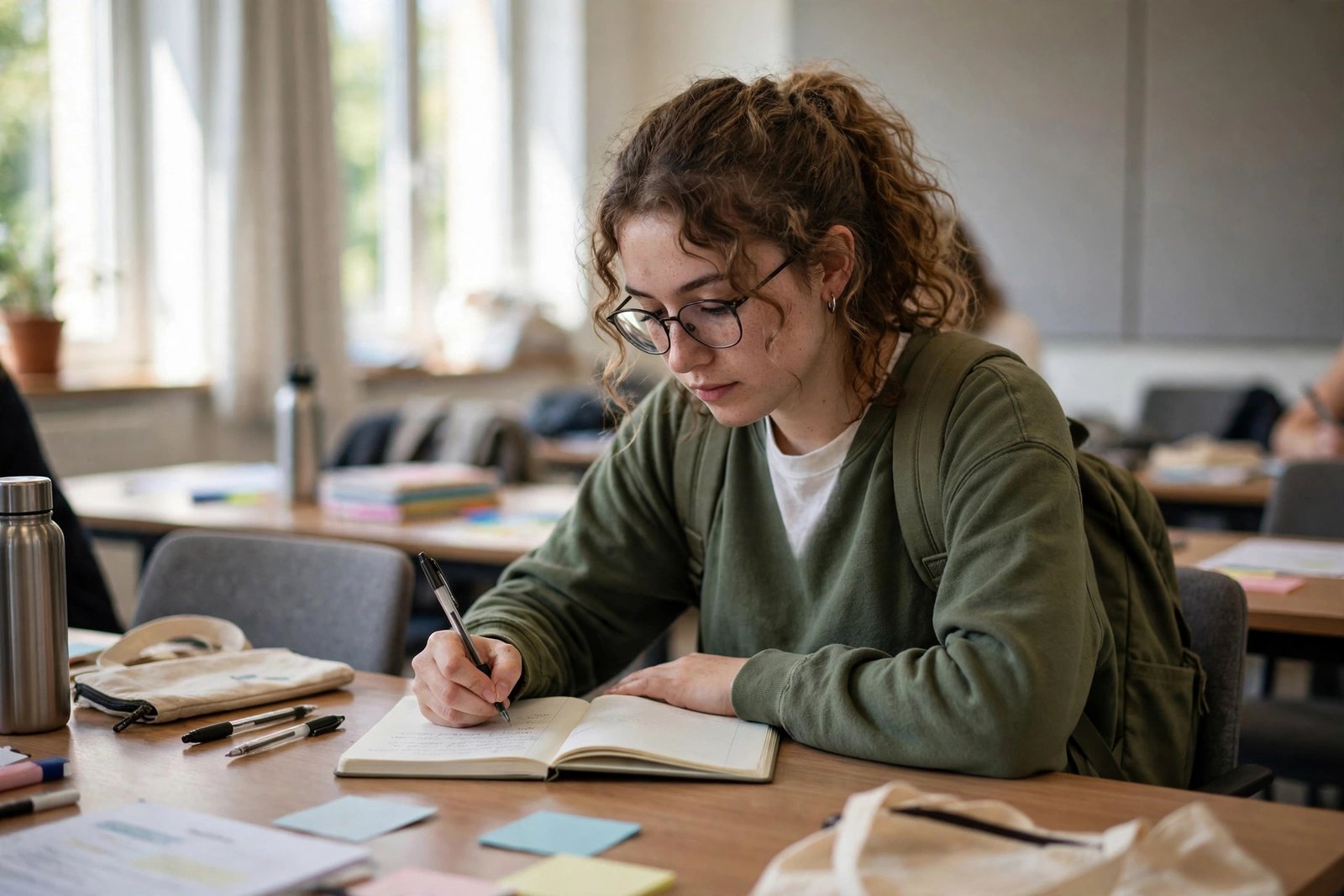 Social work student preparing case notes during a university skills workshop