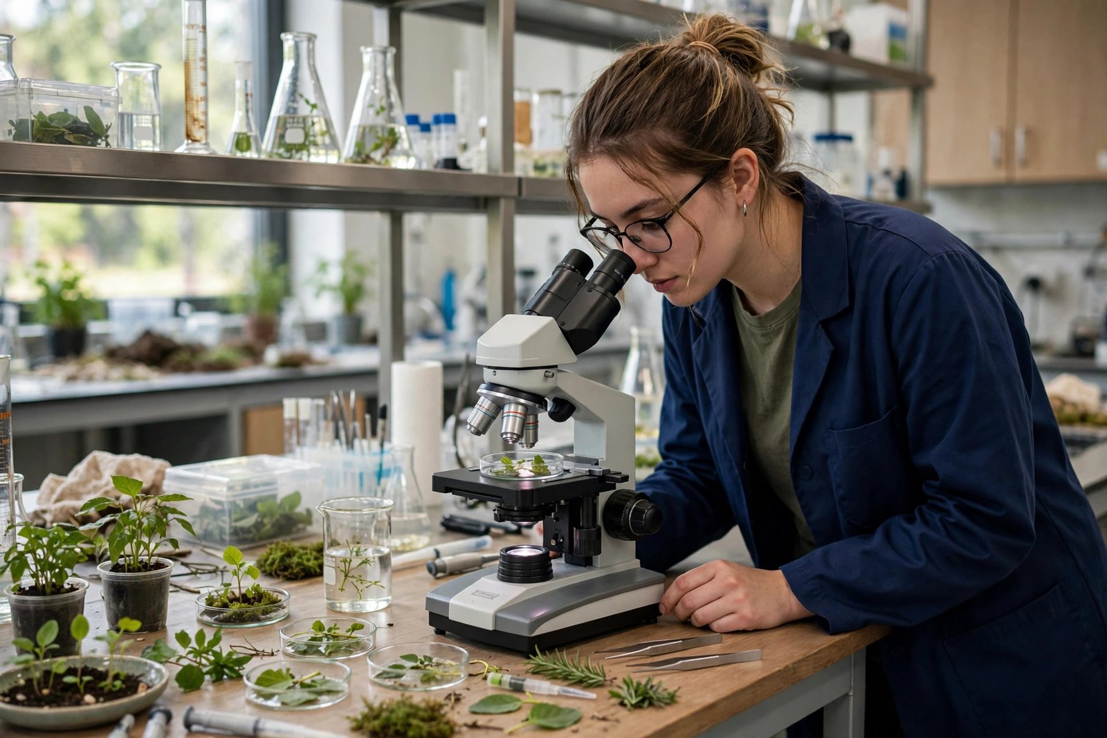 Environmental science researcher examining plant samples in a university laboratory