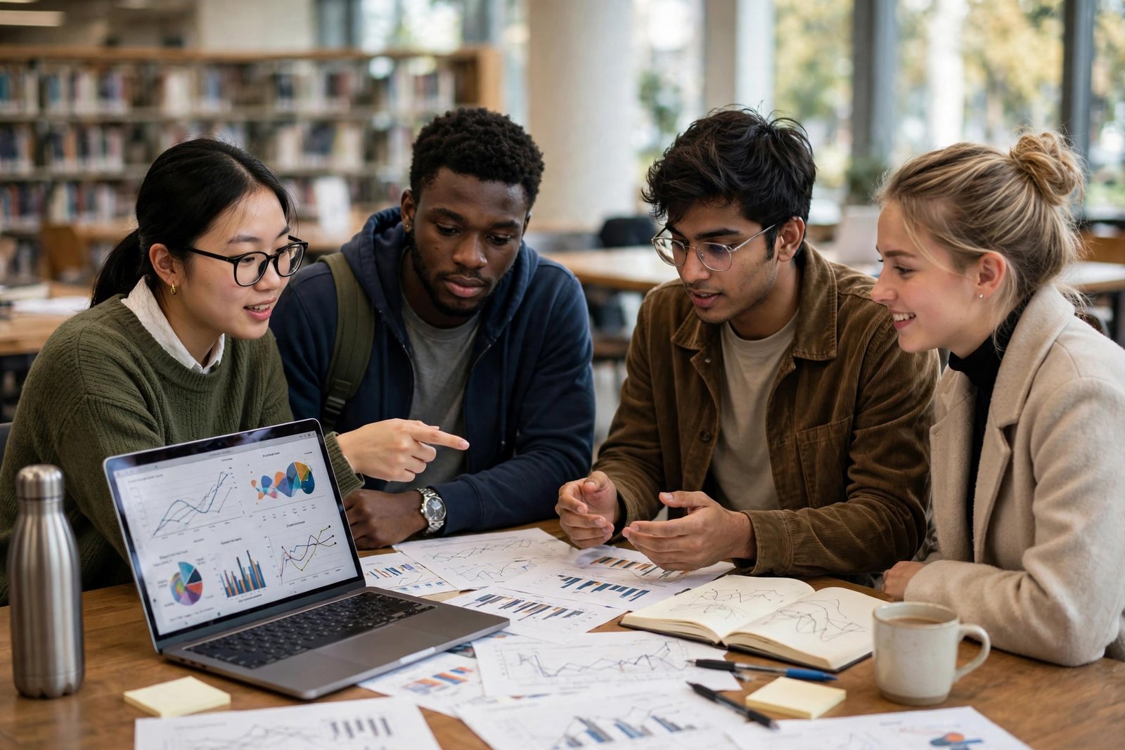International economics students analysing data and charts together in a university library