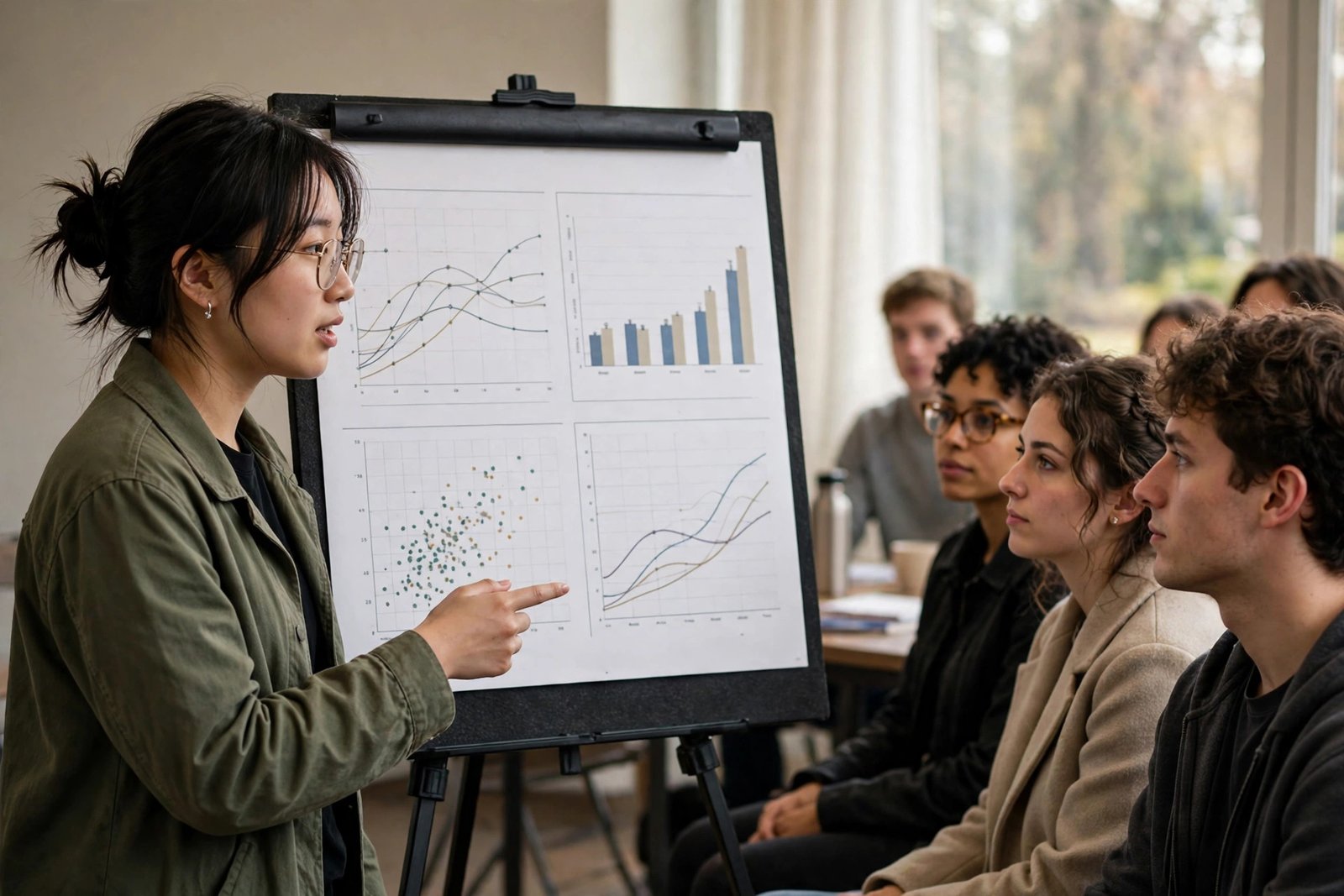 Economics graduate student presenting research findings at an academic seminar