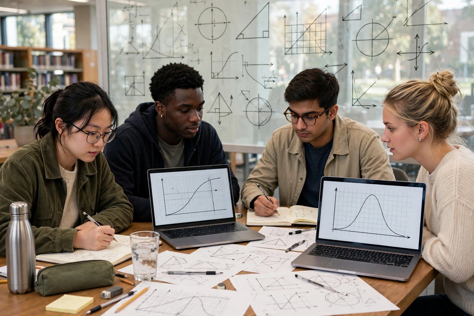 International mathematics students studying together while researching mathematics scholarships for international students