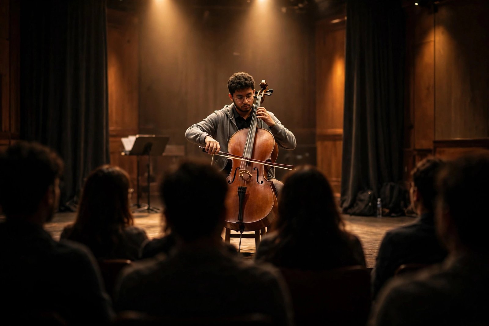 Music student performing at a scholarship audition on a concert hall stage