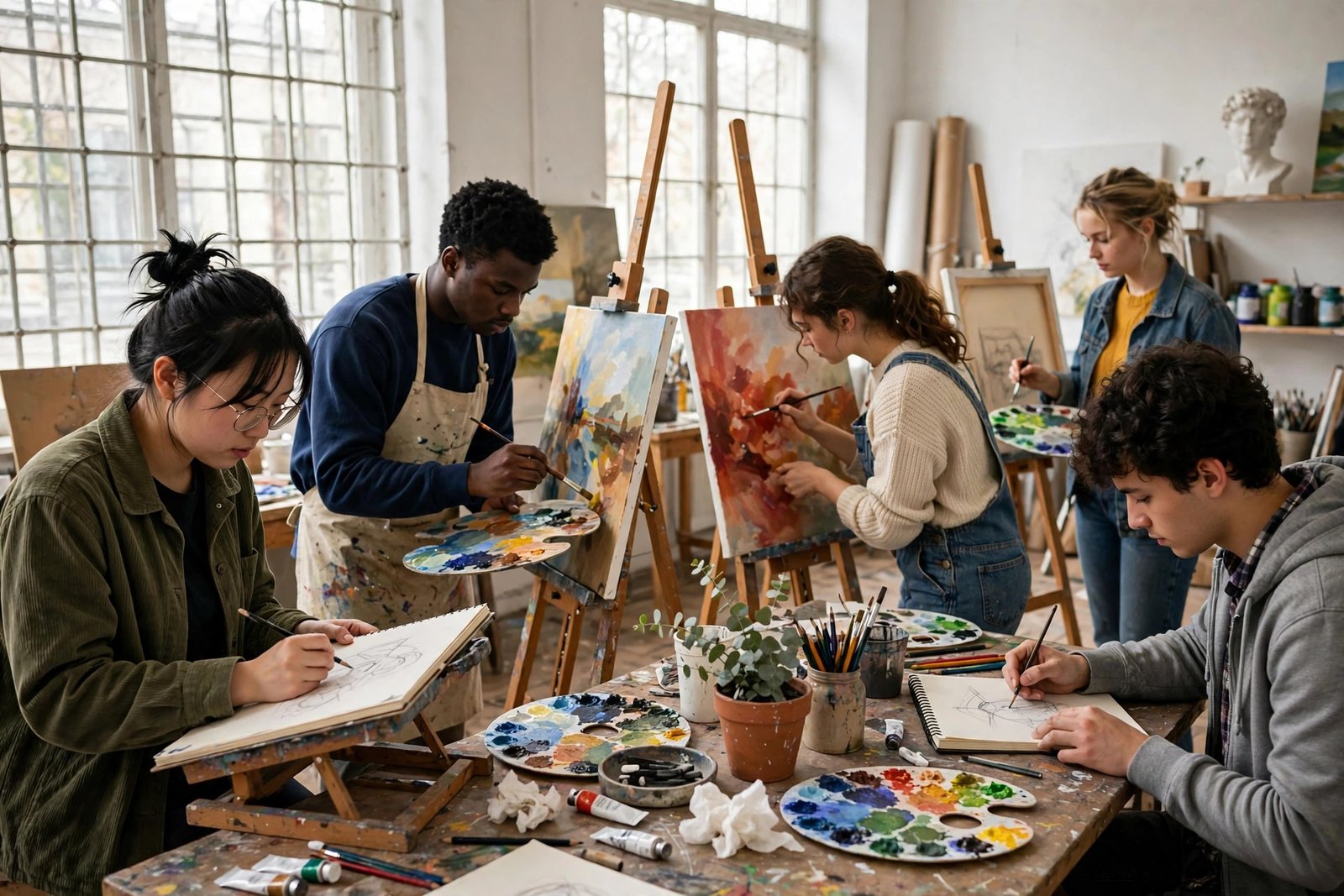 International art students working in a studio while applying for arts scholarships for international students