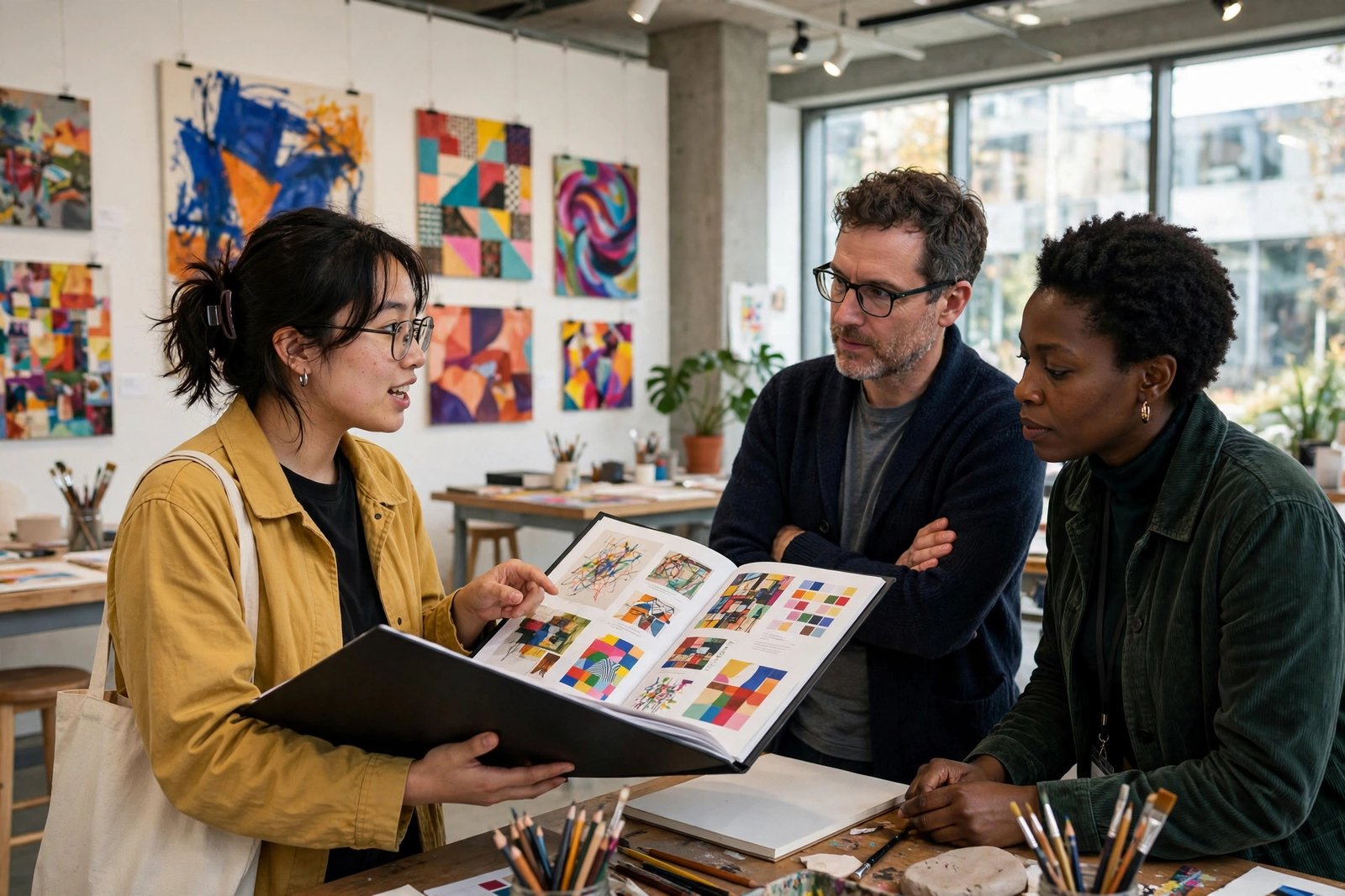 Design student presenting a creative portfolio when applying for arts scholarships