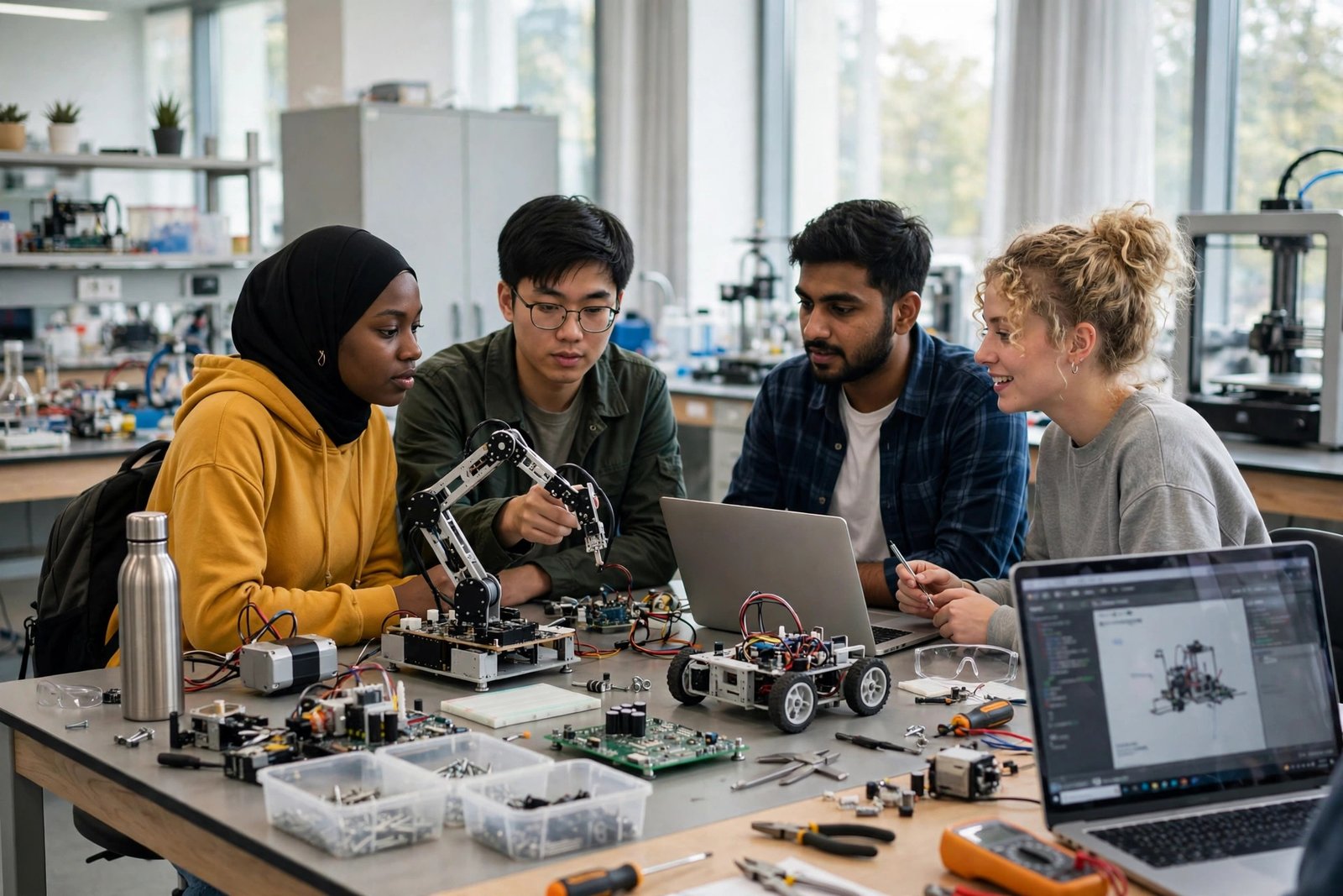 International STEM students working together in a university laboratory on a fully funded scholarship