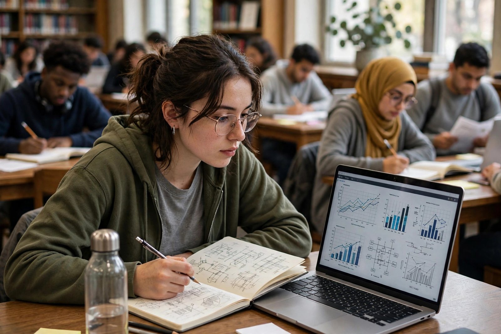STEM student reviewing scholarship funding and research data at a university library