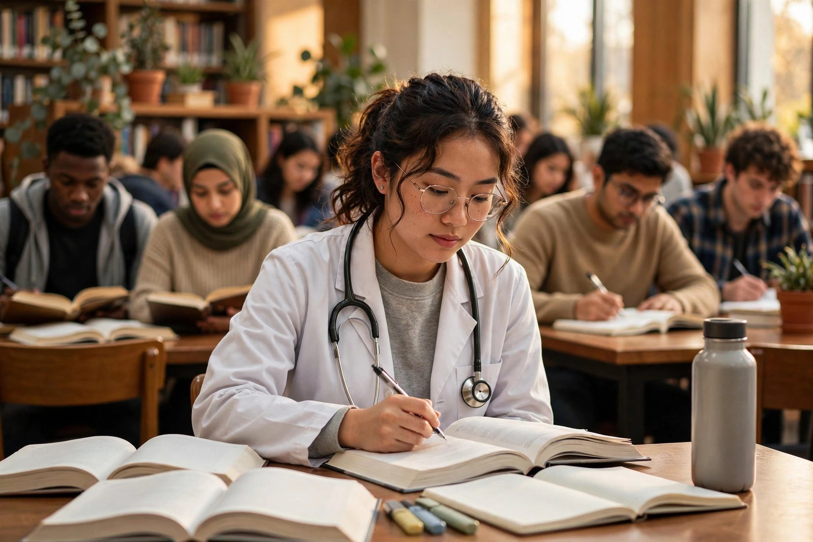 Medical student with stethoscope studying textbooks for an MBBS scholarship in China