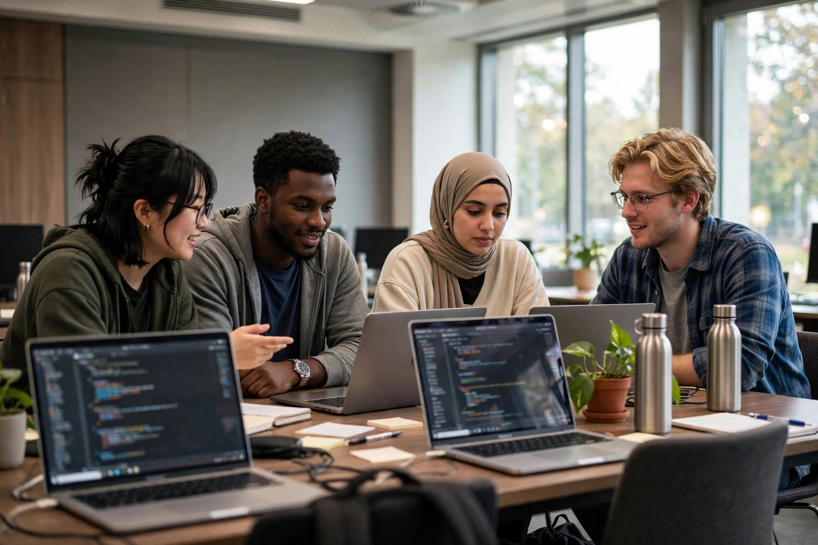 Computer science students coding together in a university computer lab in Germany