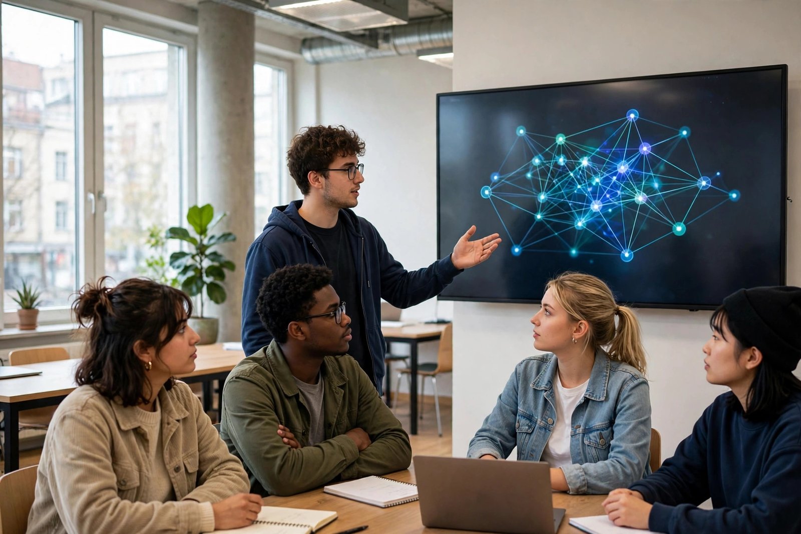 Computer science student presenting software to classmates at a university in Germany