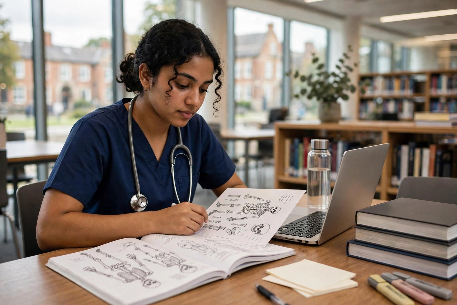 International nursing student studying in a UK university health sciences library