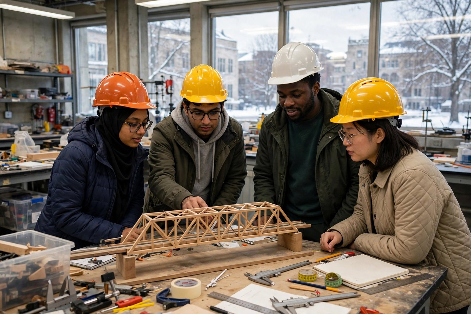 International engineering students reviewing a bridge model in a Canadian university laboratory