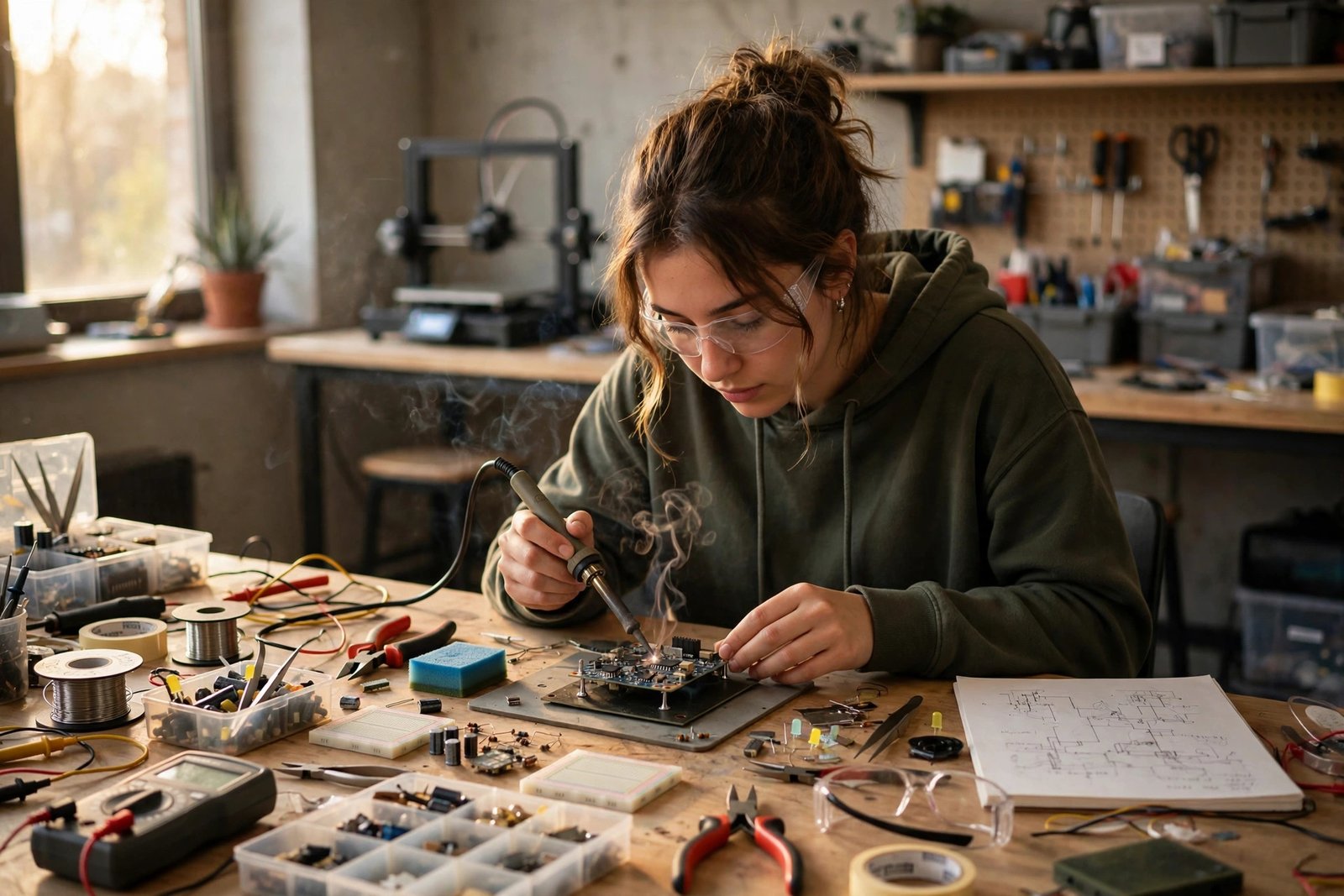 Engineering student soldering a circuit board in a university makerspace in Canada