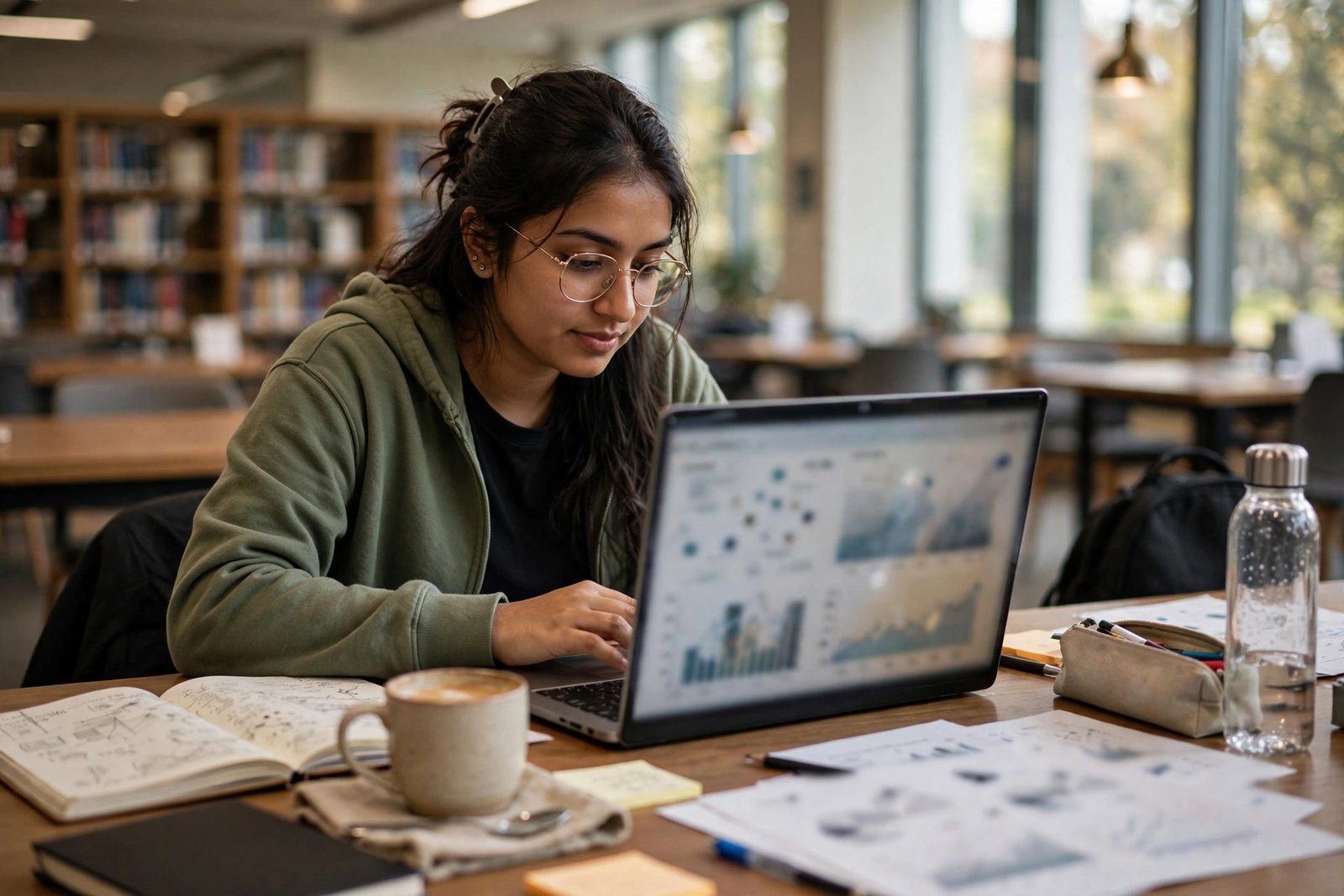 International data science student working on a laptop in a US university library