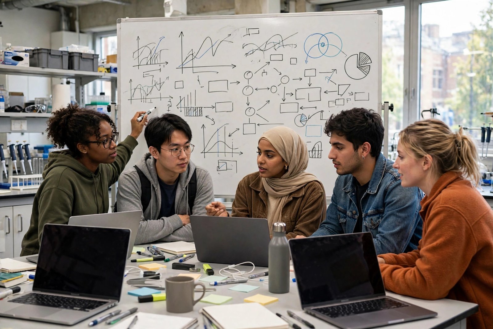 Graduate students collaborating on data projects at a US university research lab