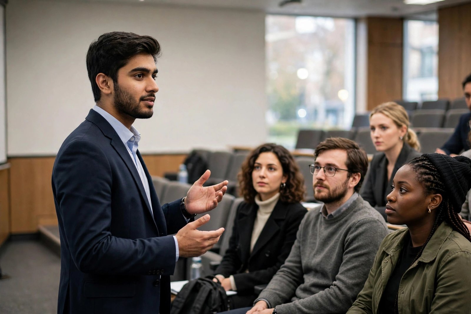 MBA student presenting a business strategy at a UK business school