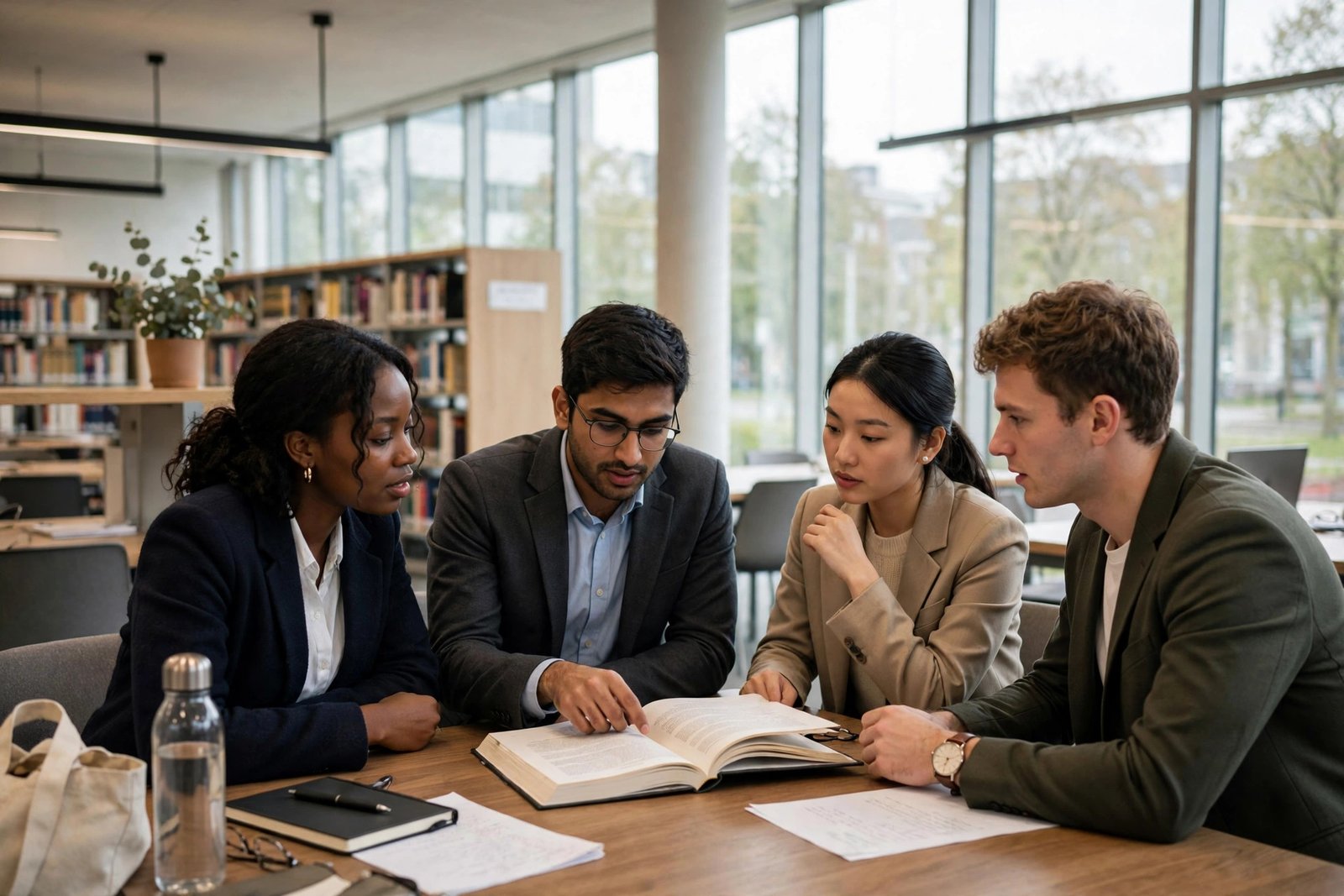 International law students discussing a casebook in a Dutch university law library — LLM scholarships in the Netherlands