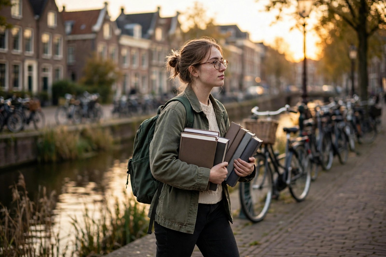 LLM student walking beside a Dutch canal with law books — scholarships for law in the Netherlands