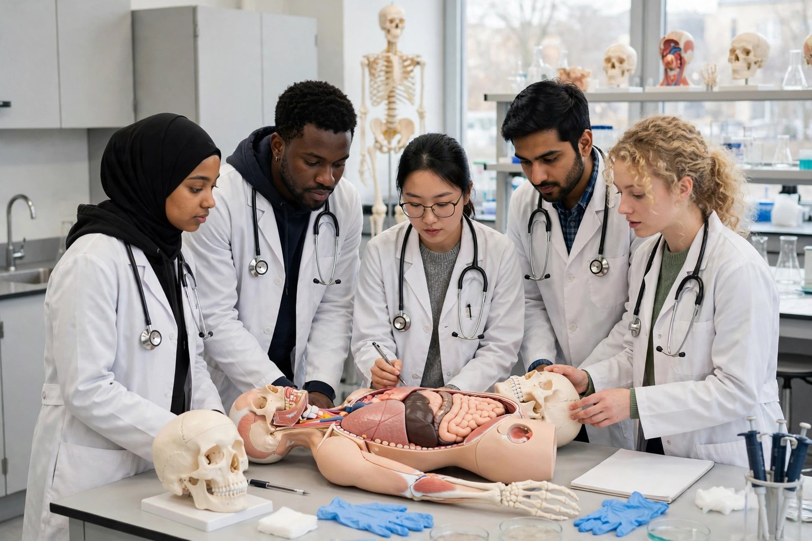 International medical students in white coats studying in a UK medical school — medicine scholarships in the UK