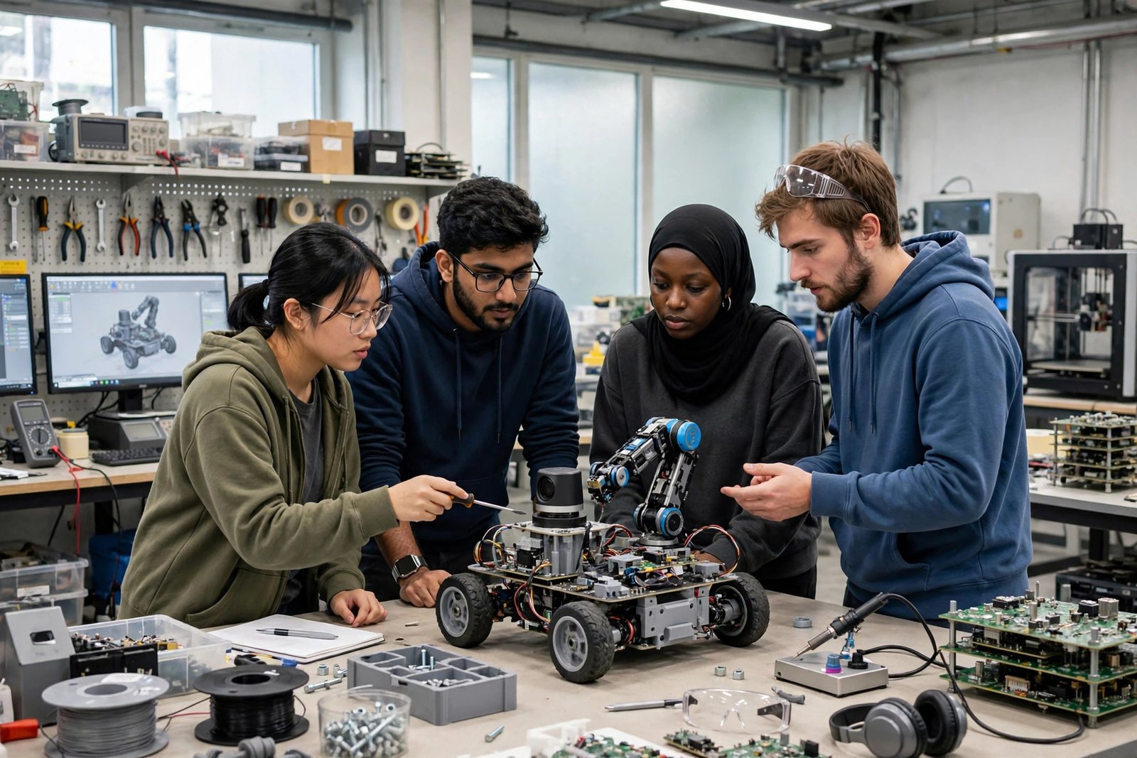 International engineering students building a prototype in a German technical university workshop — engineering scholarships in Germany