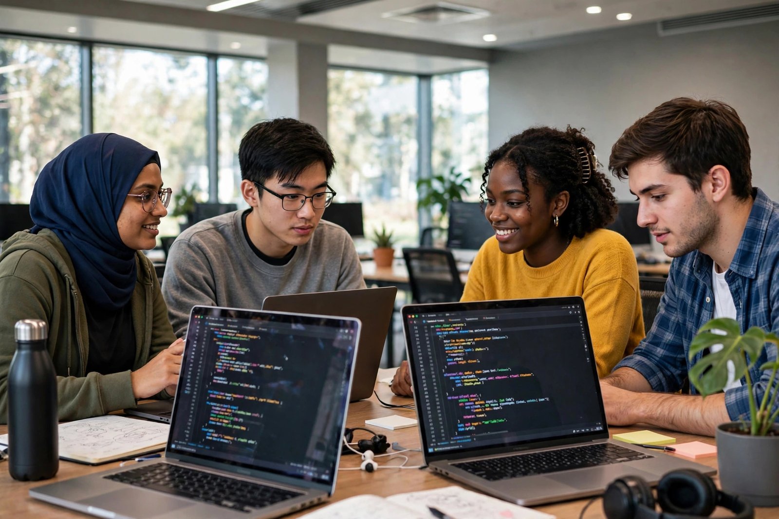 International computer science students collaborating on code in a US university computer lab