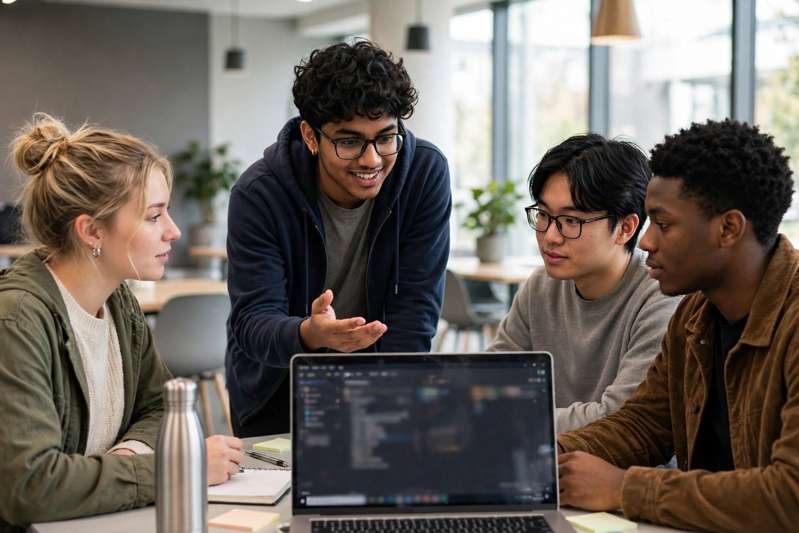 Graduate computer science student presenting software to classmates at a US university