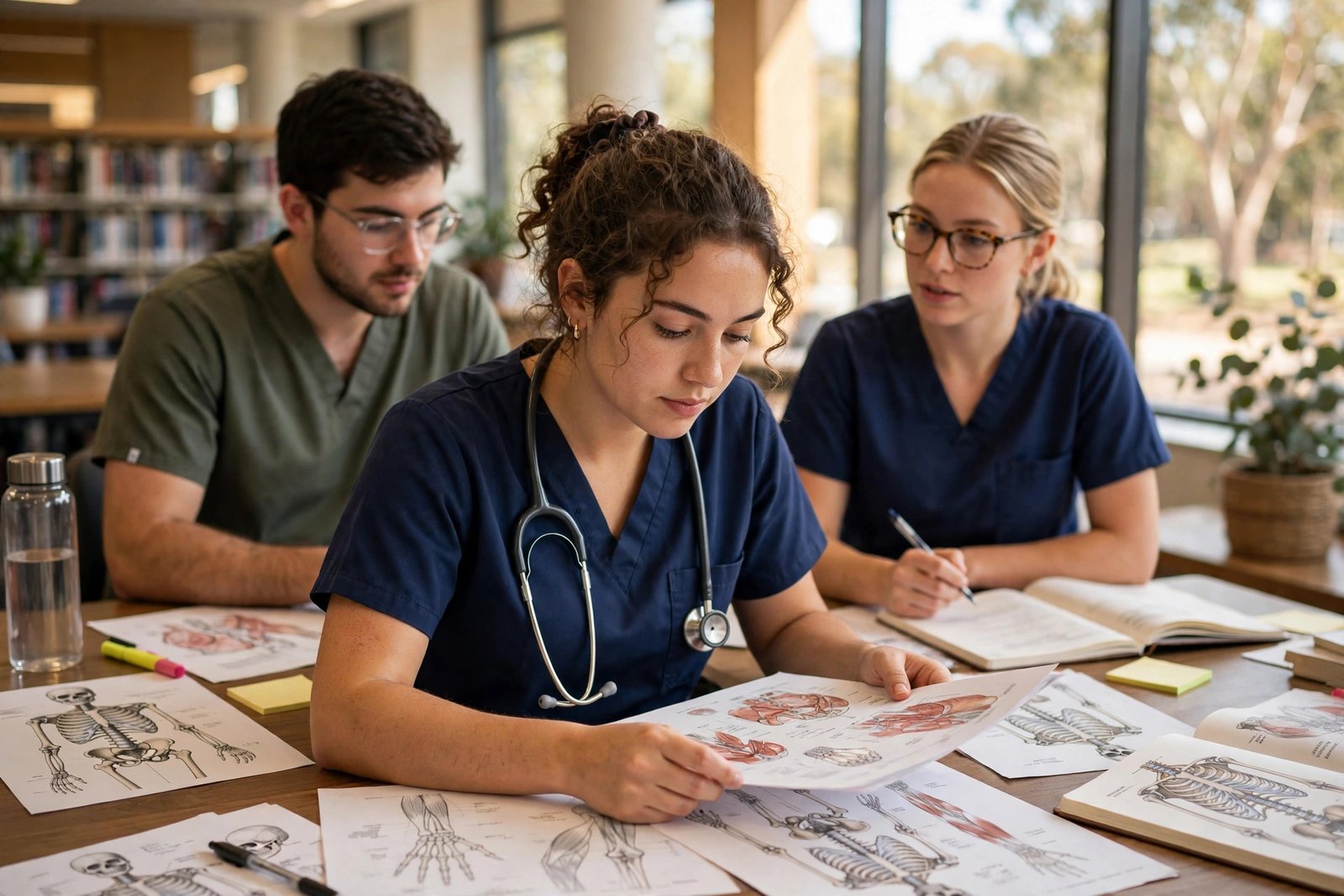 Nursing student studying with classmates in an Australian university library