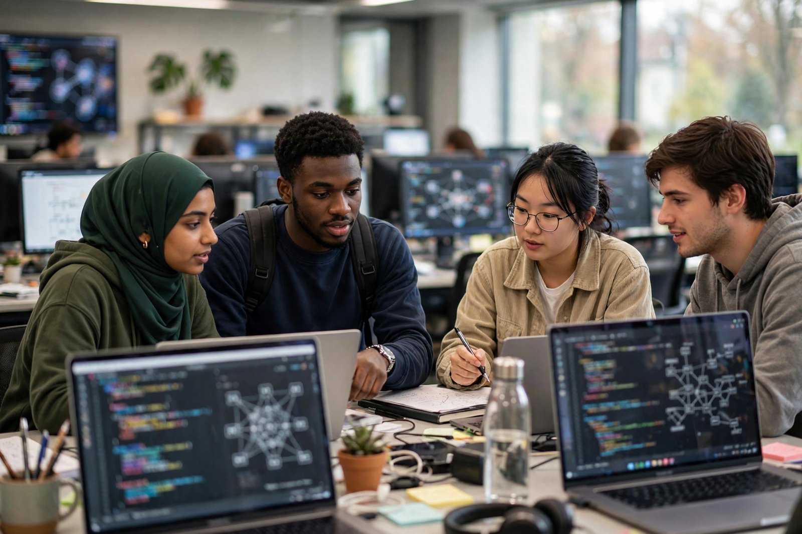 International students working on artificial intelligence in a UK university computer lab
