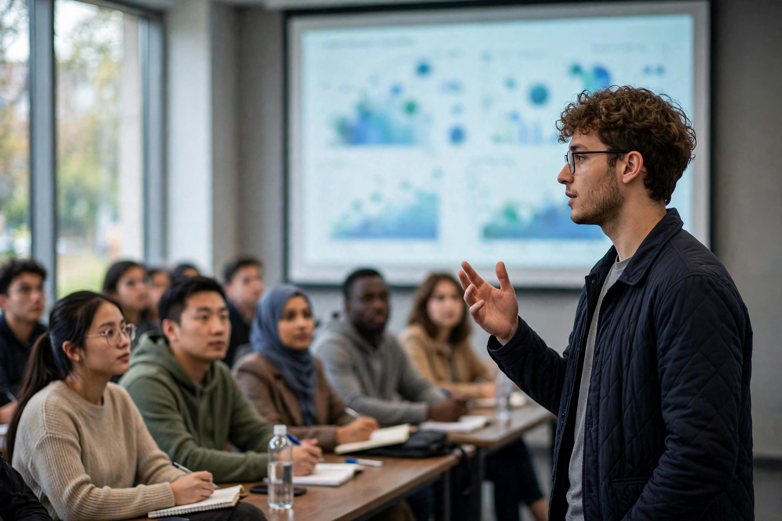 Graduate student presenting artificial intelligence research at a UK university seminar