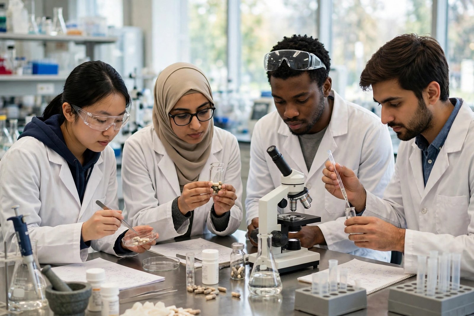 Pharmacy students in a Canadian university pharmaceutical sciences laboratory