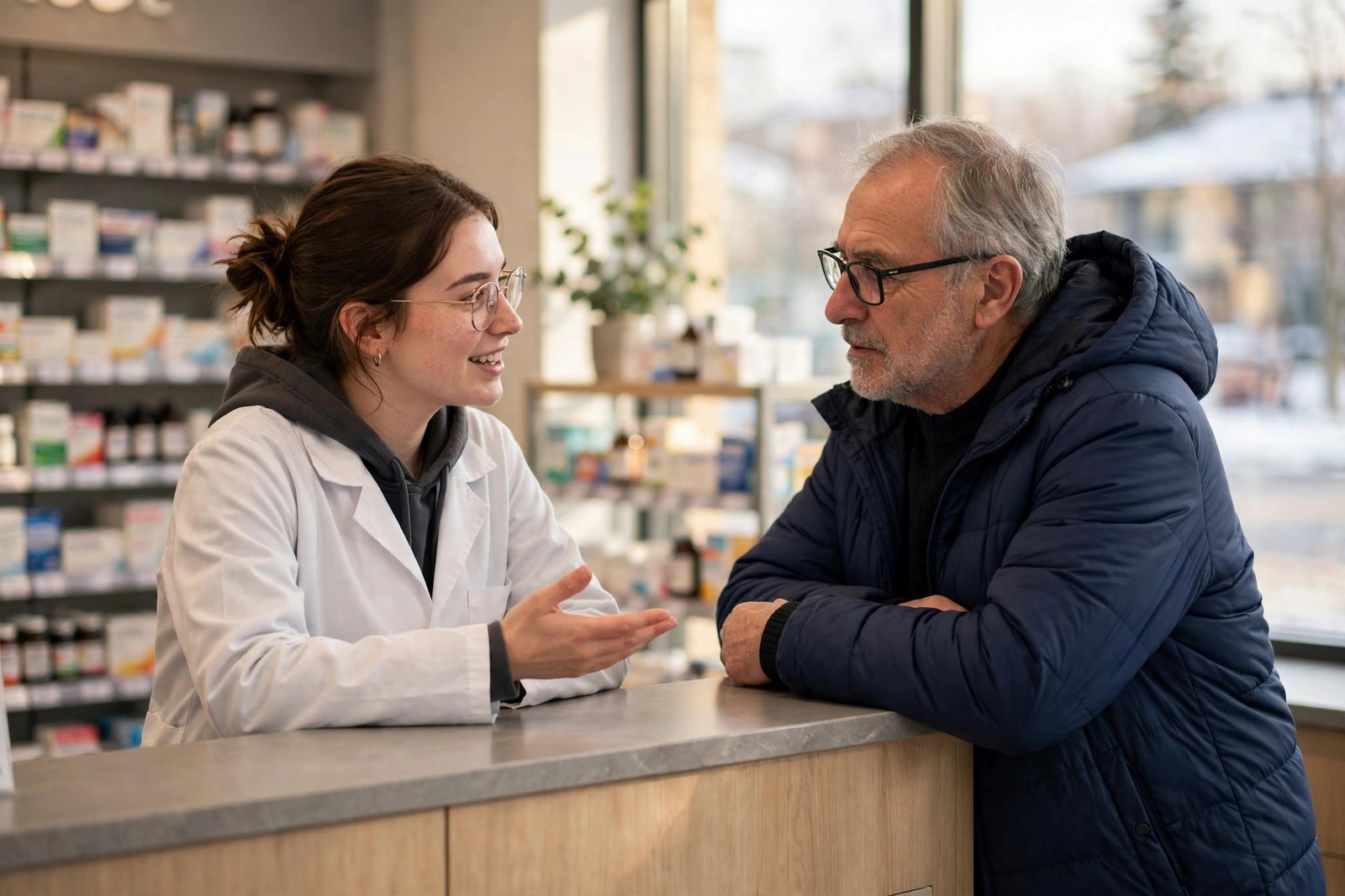 Pharmacy student counselling a patient at a community pharmacy counter in Canada