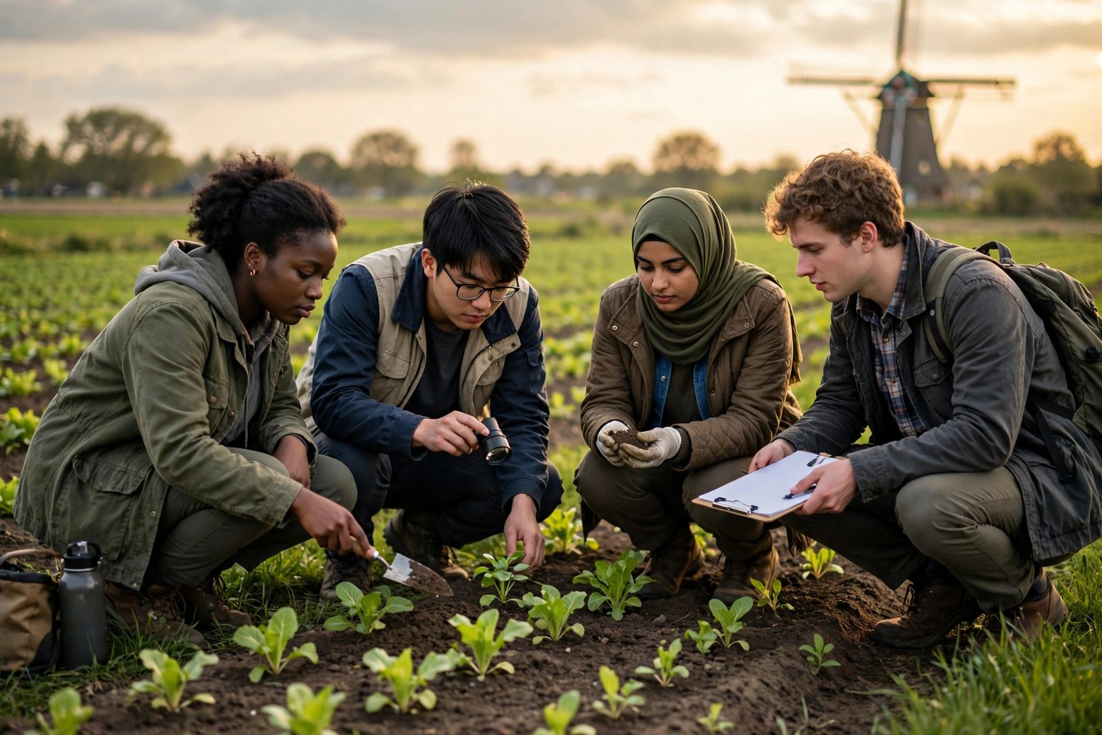 Agriculture researchers checking soil and young plants in a Dutch field