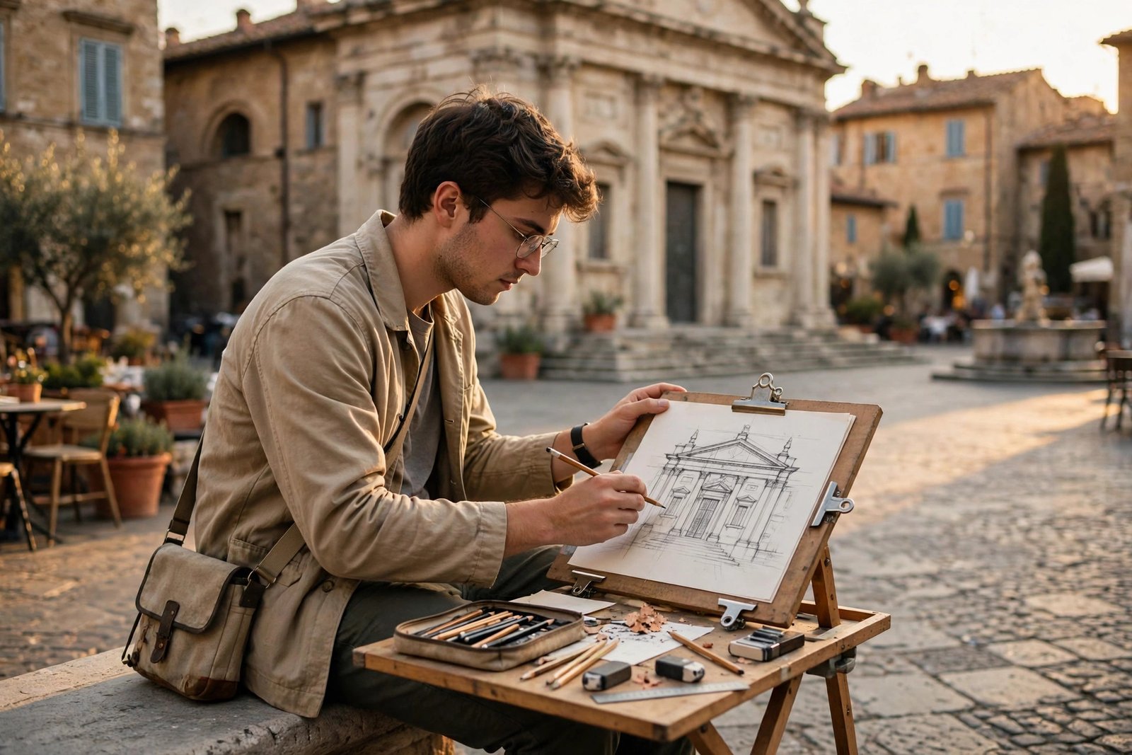 Architecture student sketching a historic building facade in an Italian city