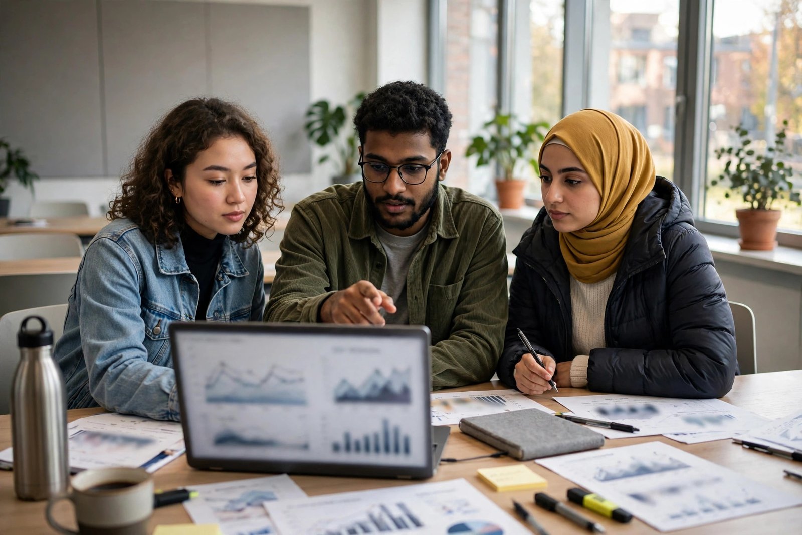 International economics students analysing data together at a university in Germany