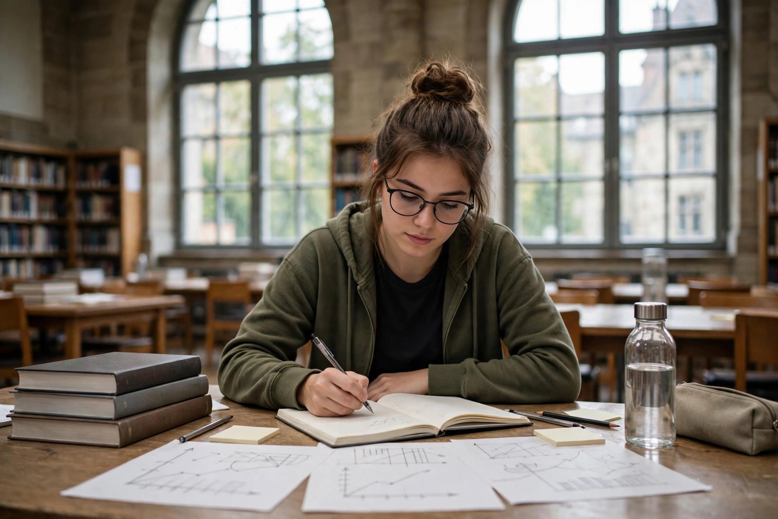 Economics student studying in a German university library