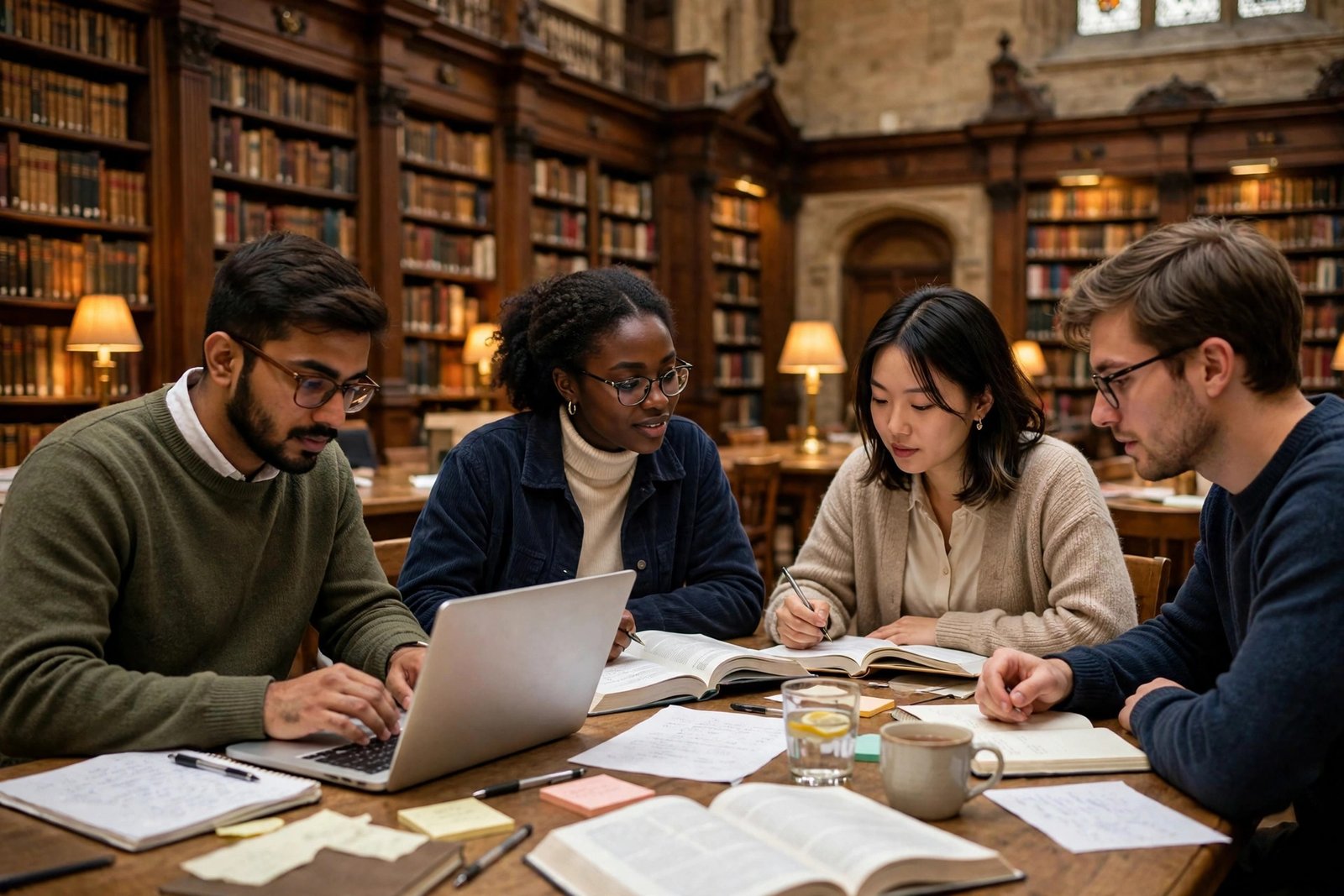 International postgraduate students, including a Bangladeshi scholar, studying together in a UK university library