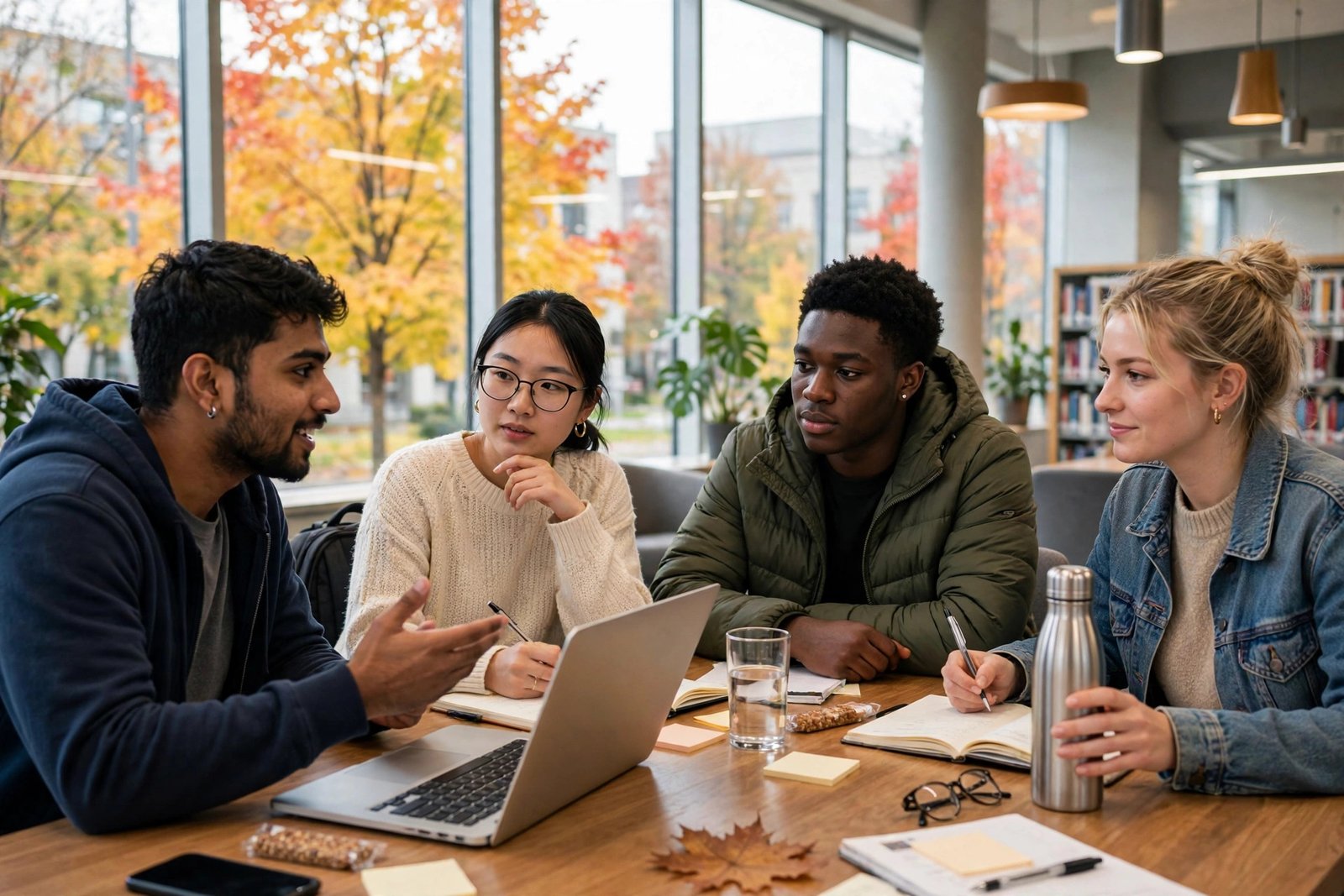 International students collaborating in a modern Canadian university library in autumn