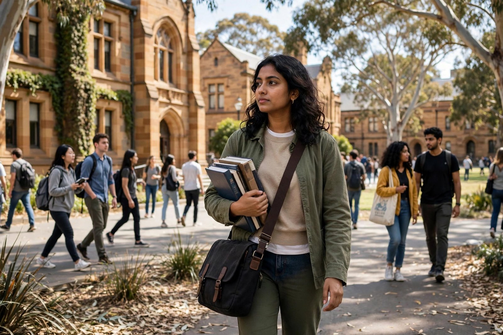 Bangladeshi postgraduate student walking across an Australian university campus in Melbourne