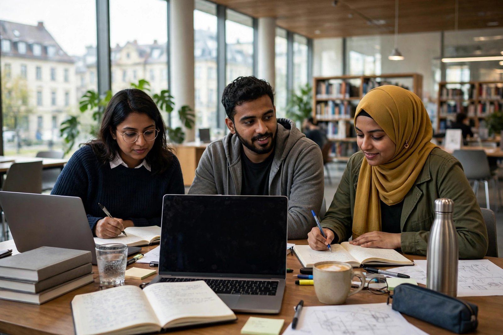 South Asian graduate students studying together in a German university library
